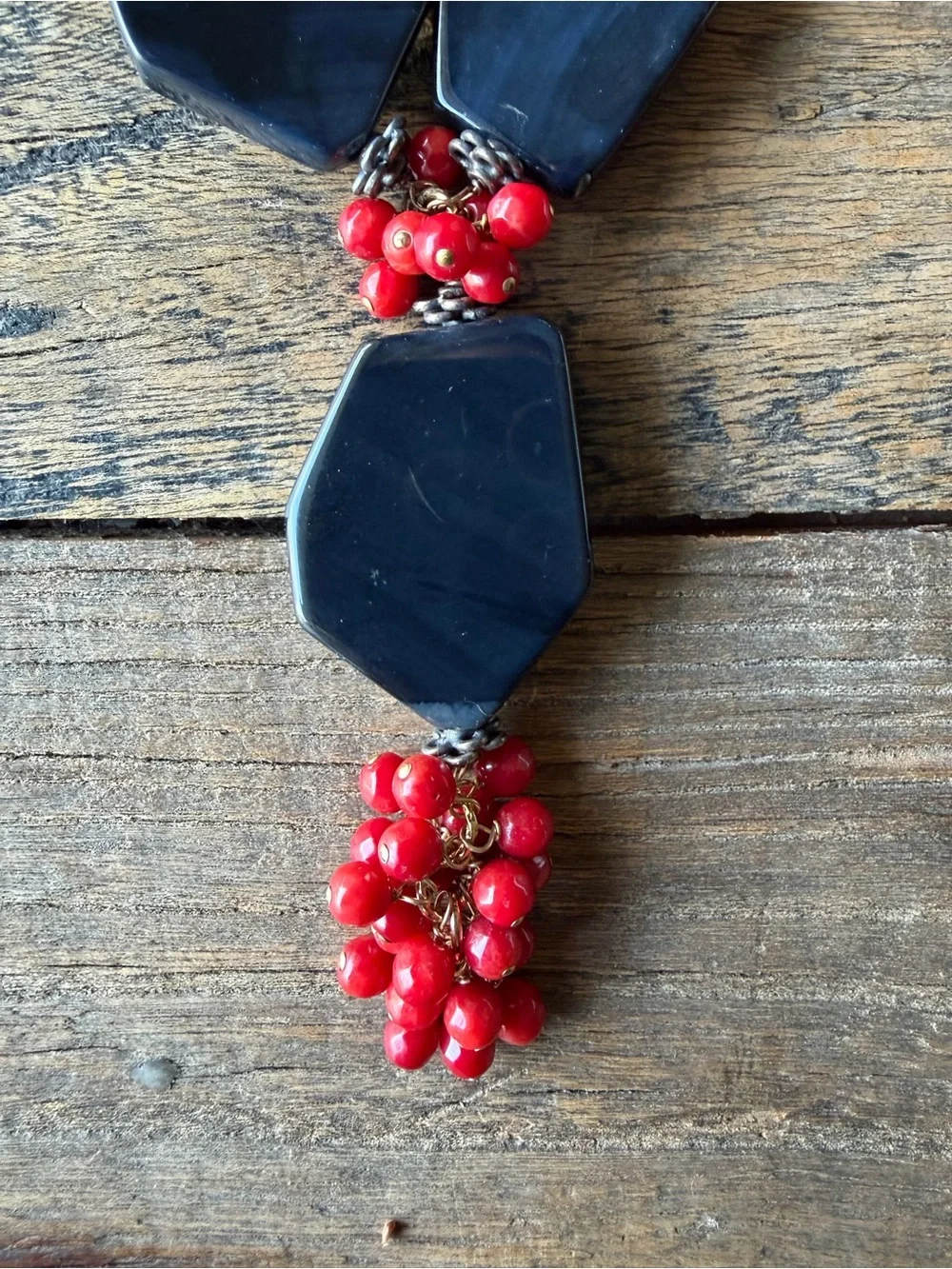 Gold Chain Necklace with Black Stones and Red Bead Accents